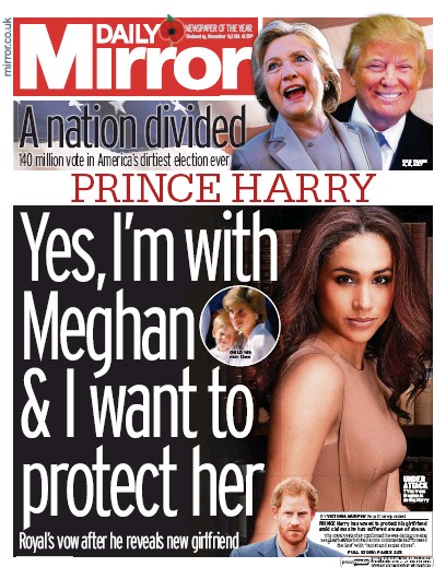 Daily Mirror (UK) Newspaper Front Page for 9 November 2016