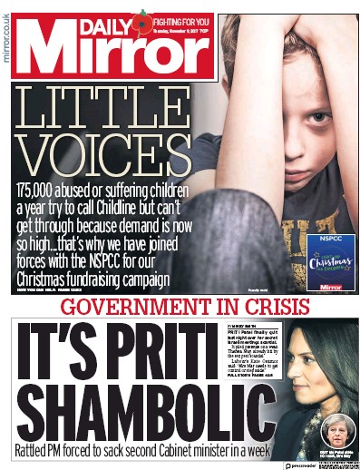 Daily Mirror (UK) Newspaper Front Page for 9 November 2017
