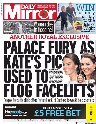 Daily Mirror Newspaper Front Page for 9 November 2019