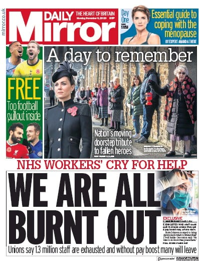 Daily Mirror Newspaper Front Page for 9 November 2020