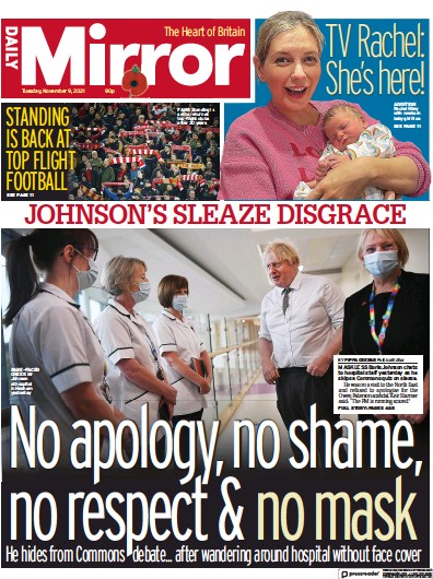 Daily Mirror (UK) Newspaper Front Page for 9 November 2021