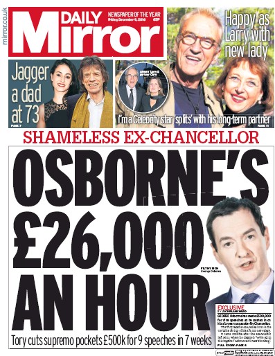 Daily Mirror Newspaper Front Page for 9 December 2016