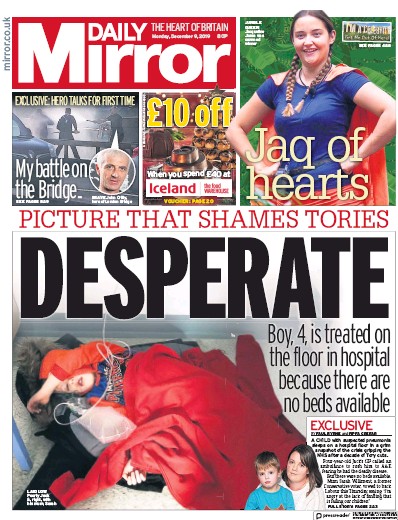Daily Mirror Newspaper Front Page for 9 December 2019