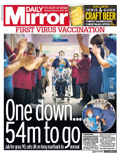 Daily Mirror Newspaper Front Page for 9 December 2020