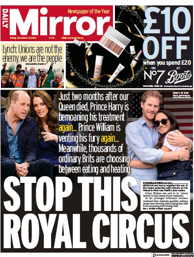 Daily Mirror Newspaper Front Page for 9 December 2022