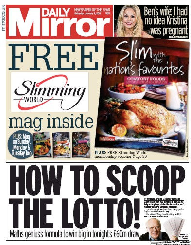 Daily Mirror Newspaper Front Page for 9 January 2016