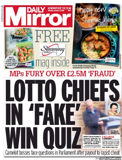 Daily Mirror (UK) Newspaper Front Page for 9 January 2017