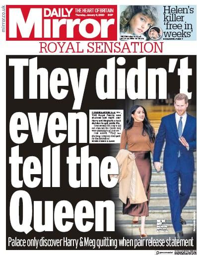 Daily Mirror (UK) Newspaper Front Page for 9 January 2020