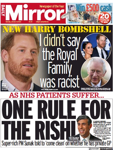 Daily Mirror (UK) Newspaper Front Page for 9 January 2023