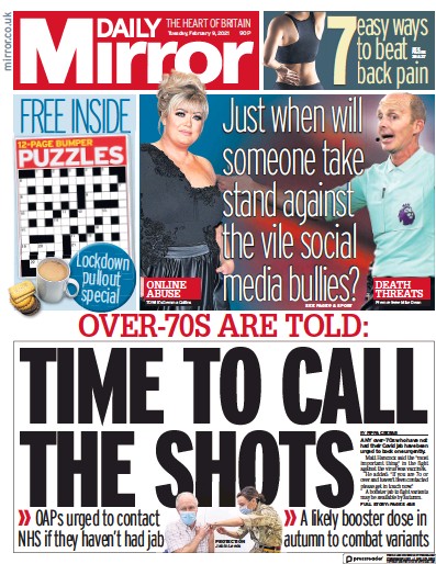 Daily Mirror Newspaper Front Page for 9 February 2021