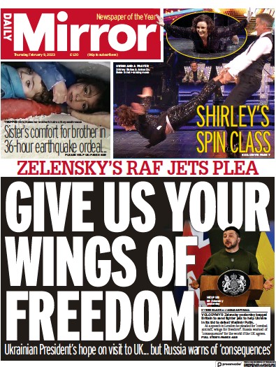 Daily Mirror (UK) Newspaper Front Page for 9 February 2023