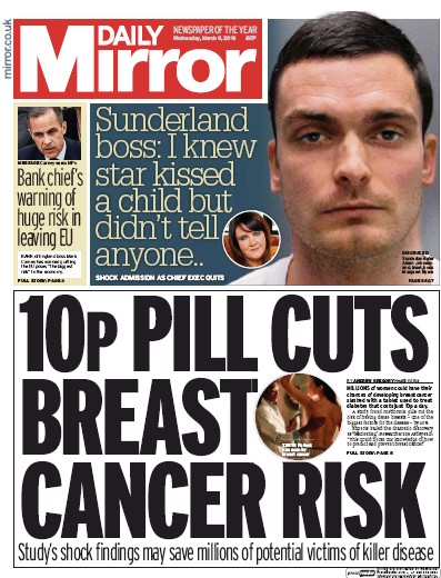Daily Mirror Newspaper Front Page for 9 March 2016