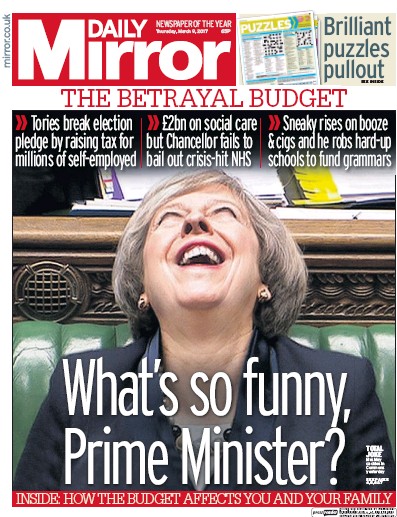 Daily Mirror Newspaper Front Page for 9 March 2017