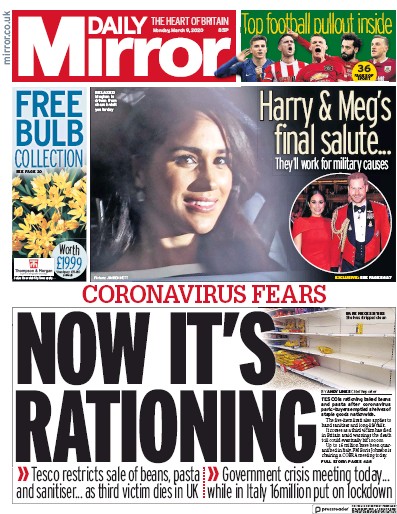 Daily Mirror Newspaper Front Page for 9 March 2020