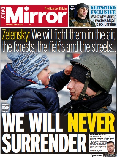 Daily Mirror (UK) Newspaper Front Page for 9 March 2022