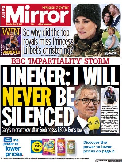 Daily Mirror (UK) Newspaper Front Page for 9 March 2023