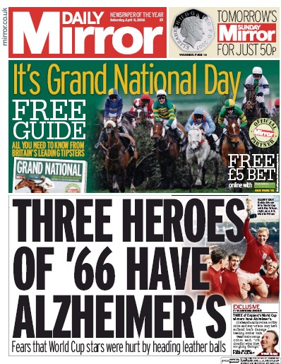 Daily Mirror Newspaper Front Page for 9 April 2016