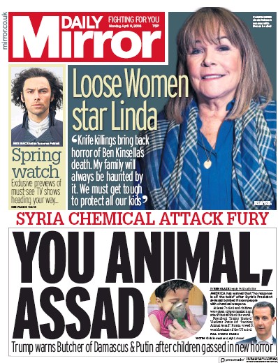Daily Mirror Newspaper Front Page for 9 April 2018