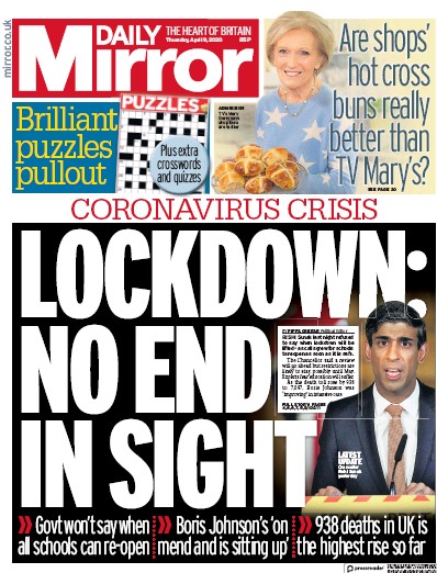 Daily Mirror Newspaper Front Page for 9 April 2020