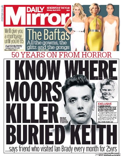 Daily Mirror Newspaper Front Page for 9 May 2016