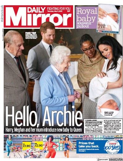 Daily Mirror Newspaper Front Page for 9 May 2019