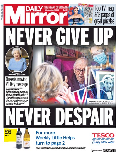 Daily Mirror Newspaper Front Page for 9 May 2020