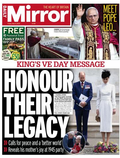 Daily Mirror (UK) Newspaper Front Page for 9 May 2025
