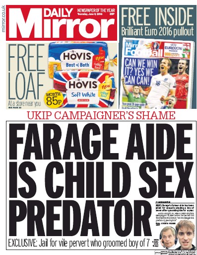 Daily Mirror Newspaper Front Page for 9 June 2016