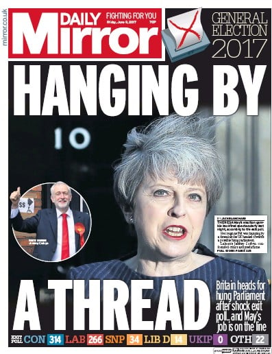 Daily Mirror Newspaper Front Page for 9 June 2017
