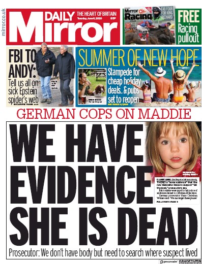 Daily Mirror Newspaper Front Page for 9 June 2020