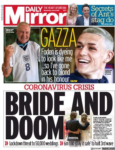 Daily Mirror (UK) Newspaper Front Page for 9 June 2021