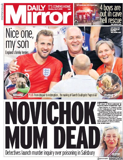 Daily Mirror (UK) Newspaper Front Page for 9 July 2018
