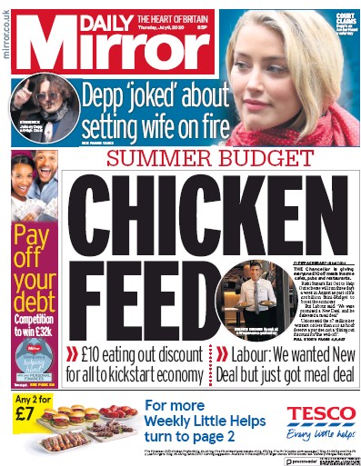 Daily Mirror Newspaper Front Page for 9 July 2020