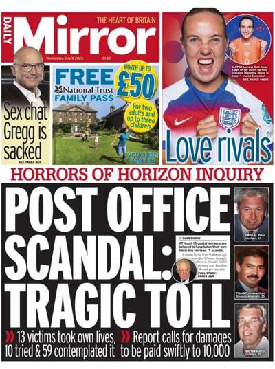 Daily Mirror (UK) Newspaper Front Page for 9 July 2025