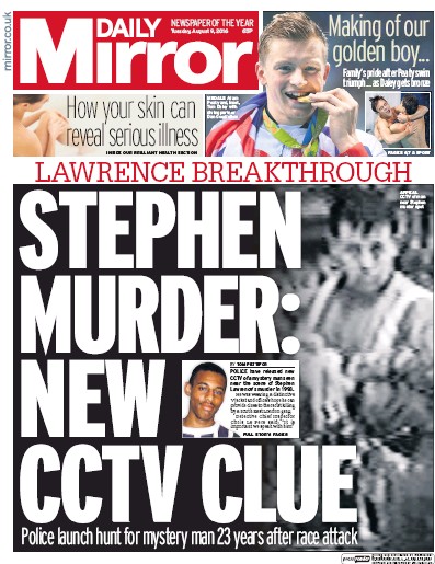 Daily Mirror Newspaper Front Page for 9 August 2016