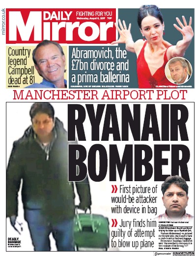Daily Mirror Newspaper Front Page for 9 August 2017