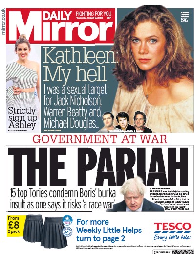 Daily Mirror Newspaper Front Page for 9 August 2018