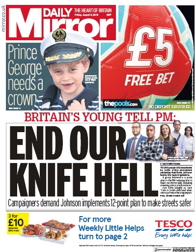 Daily Mirror Newspaper Front Page for 9 August 2019