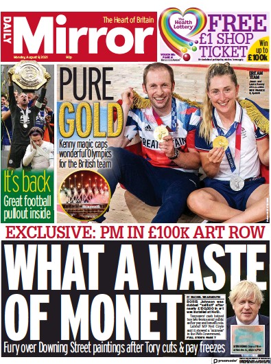 Daily Mirror (UK) Newspaper Front Page for 9 August 2021
