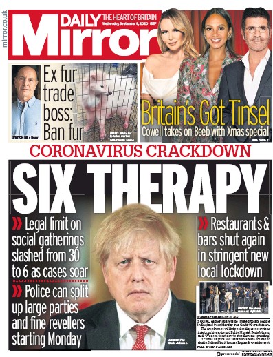Daily Mirror Newspaper Front Page for 9 September 2020