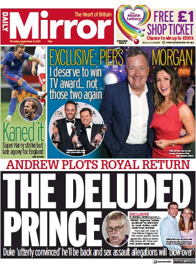 Daily Mirror (UK) Newspaper Front Page for 9 September 2021