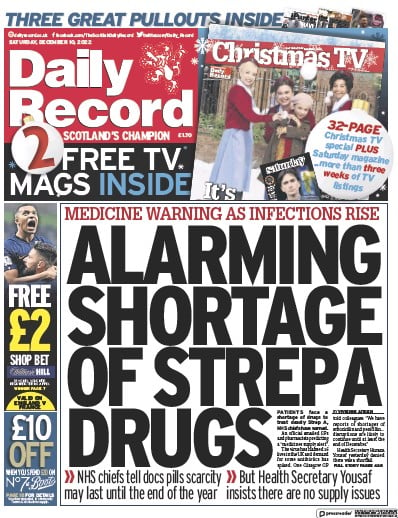 Daily Record Newspaper Front Page for 10 December 2022
