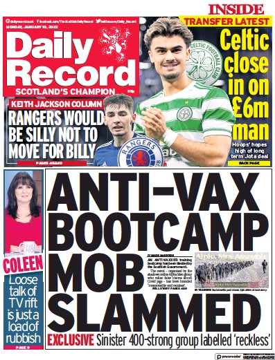 Daily Record (UK) Newspaper Front Page for 10 January 2022