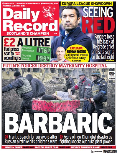 Daily Record Newspaper Front Page for 10 March 2022