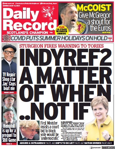 Daily Record (UK) Newspaper Front Page for 10 May 2021