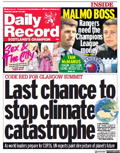 Daily Record (UK) Newspaper Front Page for 10 August 2021