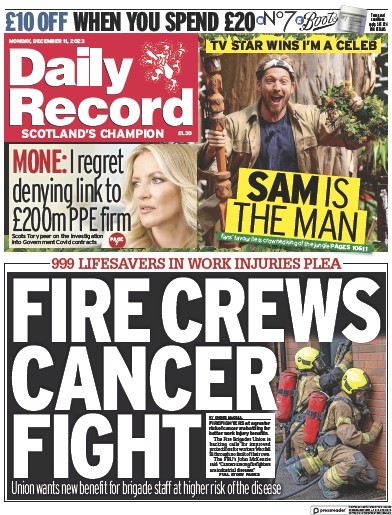 Daily Record (UK) Newspaper Front Page for 11 December 2023