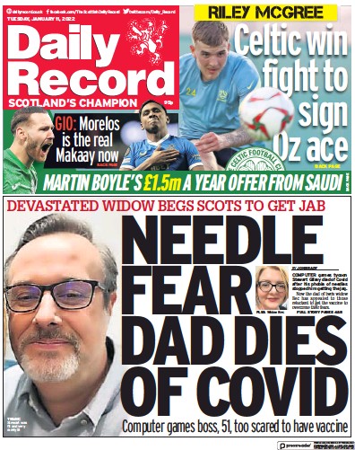 Daily Record (UK) Newspaper Front Page for 11 January 2022