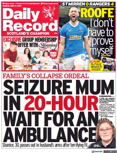 Daily Record Newspaper Front Page for 11 April 2022