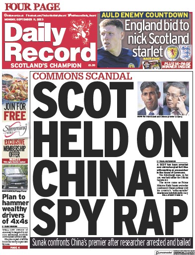 Daily Record (UK) Newspaper Front Page for 11 September 2023